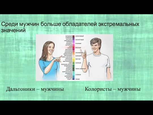 Среди мужчин больше обладателей экстремальных значений Дальтоники – мужчины Колористы – мужчины