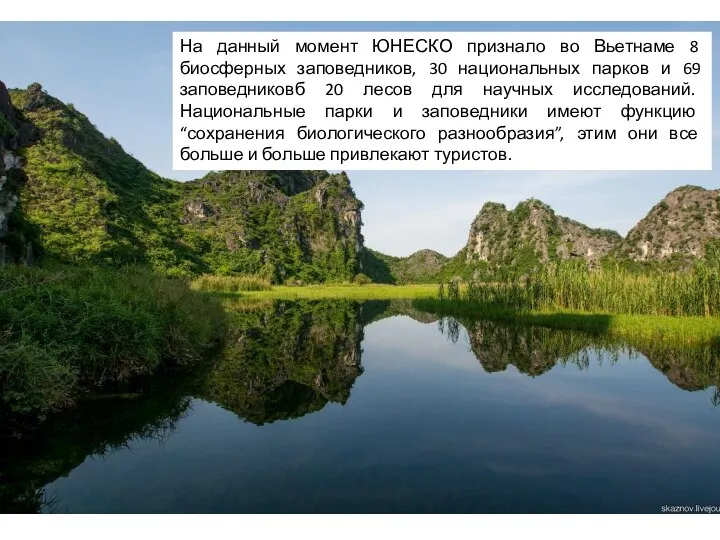 На данный момент ЮНЕСКО признало во Вьетнаме 8 биосферных заповедников, 30 национальных