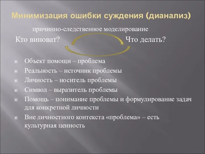 Минимизация ошибки суждения (дианализ) причинно-следственное моделирование Кто виноват? Что делать? Объект помощи