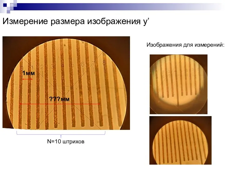 Измерение размера изображения y’ Изображения для измерений: