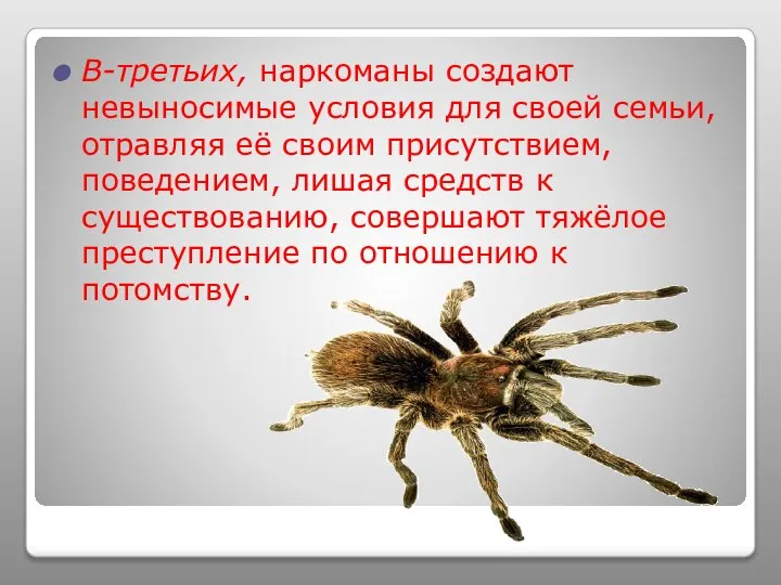 В-третьих, наркоманы создают невыносимые условия для своей семьи, отравляя её своим присутствием,