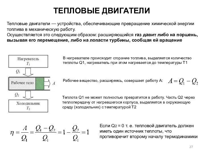 ТЕПЛОВЫЕ ДВИГАТЕЛИ В нагревателе происходит сгорание топлива, выделяется количество теплоты Q1, нагреватель