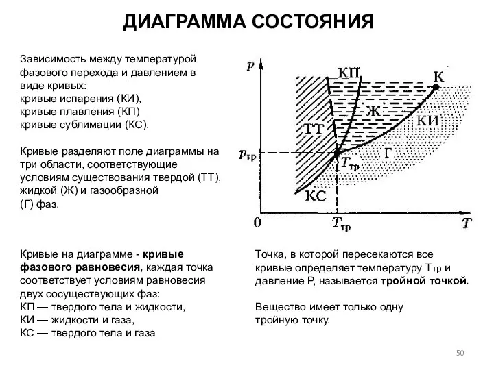 Зависимость между температурой фазового перехода и давлением в виде кривых: кривые испарения