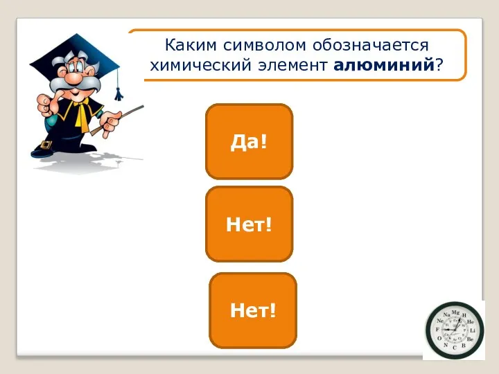 As Нет! Al Да! Каким символом обозначается химический элемент алюминий? С Нет!