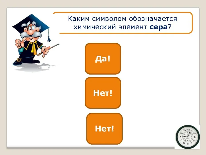 Si Нет! S Да! Каким символом обозначается химический элемент сера? Са Нет!