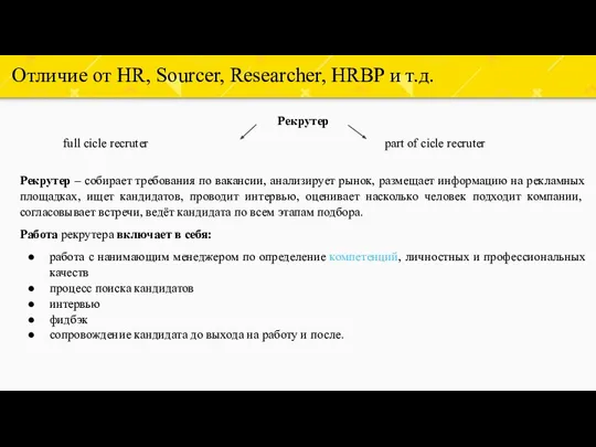 Отличие от HR, Sourcer, Researcher, HRBP и т.д. Рекрутер full cicle recruter