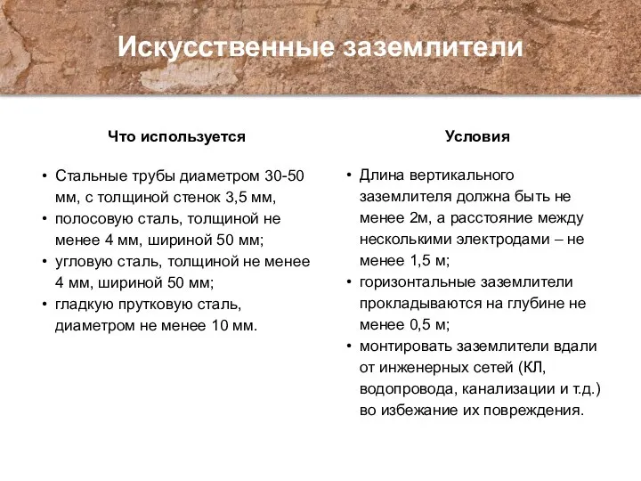 Искусственные заземлители Что используется Стальные трубы диаметром 30-50 мм, с толщиной стенок