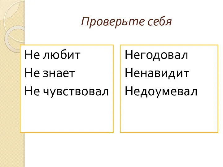 Проверьте себя Не любит Не знает Не чувствовал Негодовал Ненавидит Недоумевал