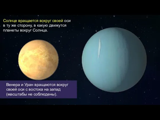 Венера и Уран вращаются вокруг своей оси с востока на запад (масштабы