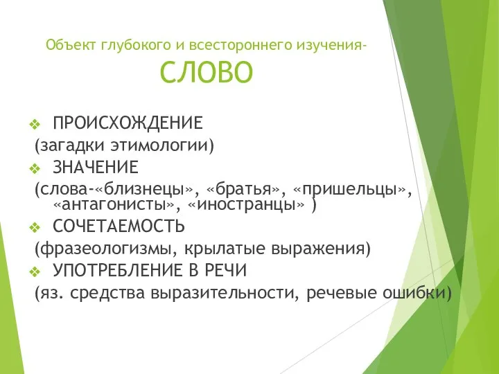 Объект глубокого и всестороннего изучения- СЛОВО ПРОИСХОЖДЕНИЕ (загадки этимологии) ЗНАЧЕНИЕ (слова-«близнецы», «братья»,