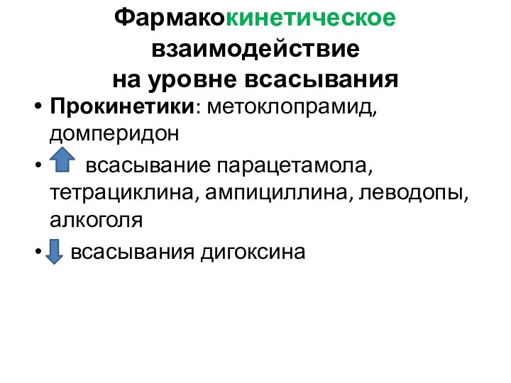 Фармакокинетическое взаимодействие на уровне всасывания Прокинетики: метоклопрамид, домперидон всасывание парацетамола, тетрациклина, ампициллина, леводопы, алкоголя всасывания дигоксина