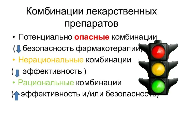 Комбинации лекарственных препаратов Потенциально опасные комбинации ( безопасность фармакотерапии) Нерациональные комбинации (