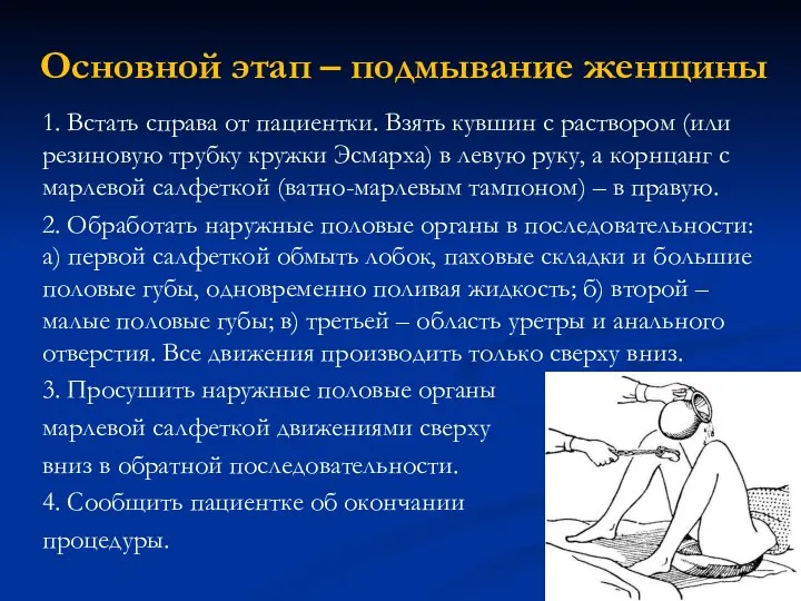 Основной этап – подмывание женщины 1. Встать справа от пациентки. Взять кувшин