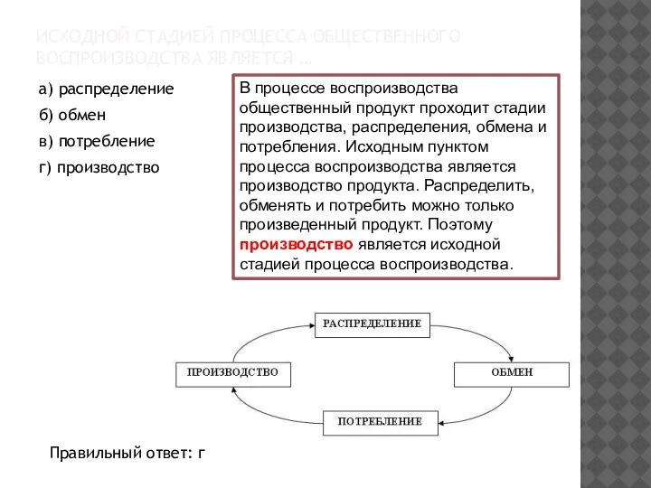 ИСХОДНОЙ СТАДИЕЙ ПРОЦЕССА ОБЩЕСТВЕННОГО ВОСПРОИЗВОДСТВА ЯВЛЯЕТСЯ … В процессе воспроизводства общественный продукт