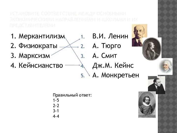 УСТАНОВИТЕ СООТВЕТСТВИЕ МЕЖДУ ОСНОВНЫМИ ЭКОНОМИЧЕСКИМИ НАПРАВЛЕНИЯМИ И ШКОЛАМИ И ИХ ПРЕДСТАВИТЕЛЯМИ 1.