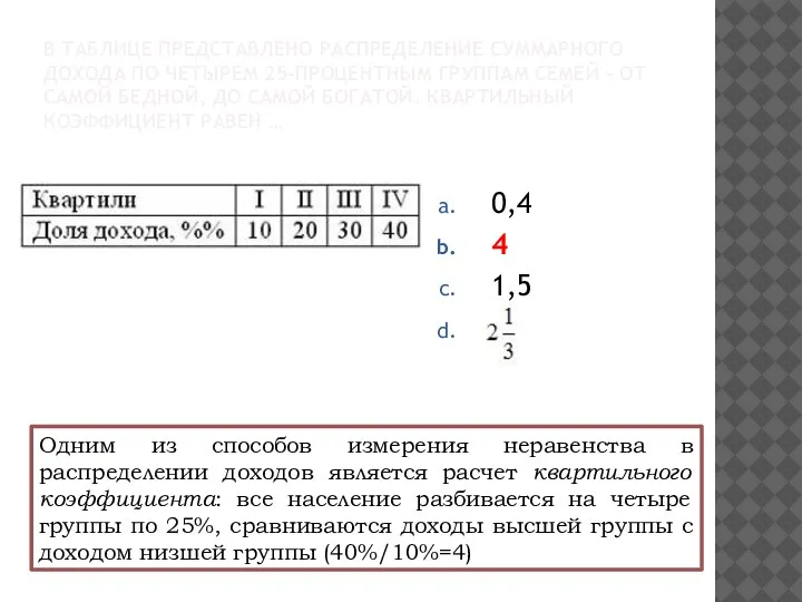 В ТАБЛИЦЕ ПРЕДСТАВЛЕНО РАСПРЕДЕЛЕНИЕ СУММАРНОГО ДОХОДА ПО ЧЕТЫРЕМ 25-ПРОЦЕНТНЫМ ГРУППАМ СЕМЕЙ –