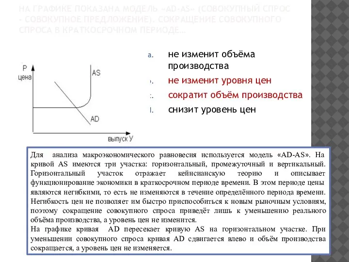 НА ГРАФИКЕ ПОКАЗАНА МОДЕЛЬ «AD-AS» (СОВОКУПНЫЙ СПРОС - СОВОКУПНОЕ ПРЕДЛОЖЕНИЕ). СОКРАЩЕНИЕ СОВОКУПНОГО