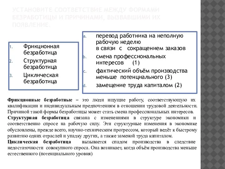 УСТАНОВИТЕ СООТВЕТСТВИЕ МЕЖДУ ФОРМАМИ БЕЗРАБОТИЦЫ И ПРИЧИНАМИ, ВЫЗВАВШИМИ ИХ ПОЯВЛЕНИЕ. Фрикционная безработица