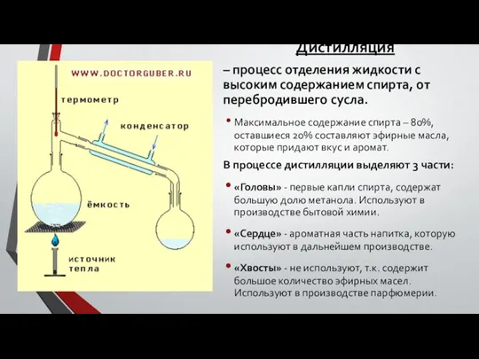 Дистилляция – процесс отделения жидкости с высоким содержанием спирта, от перебродившего сусла.