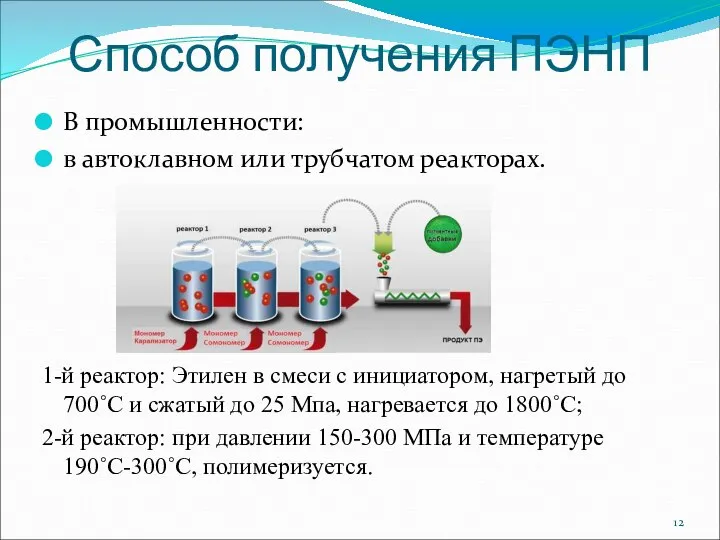 Способ получения ПЭНП В промышленности: в автоклавном или трубчатом реакторах. 1-й реактор: