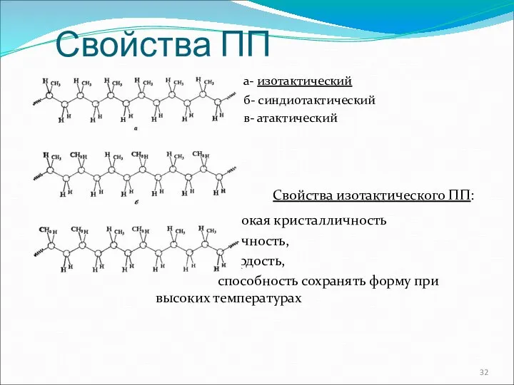 Свойства ПП а- изотактический б- синдиотактический в- атактический Свойства изотактического ПП: высокая