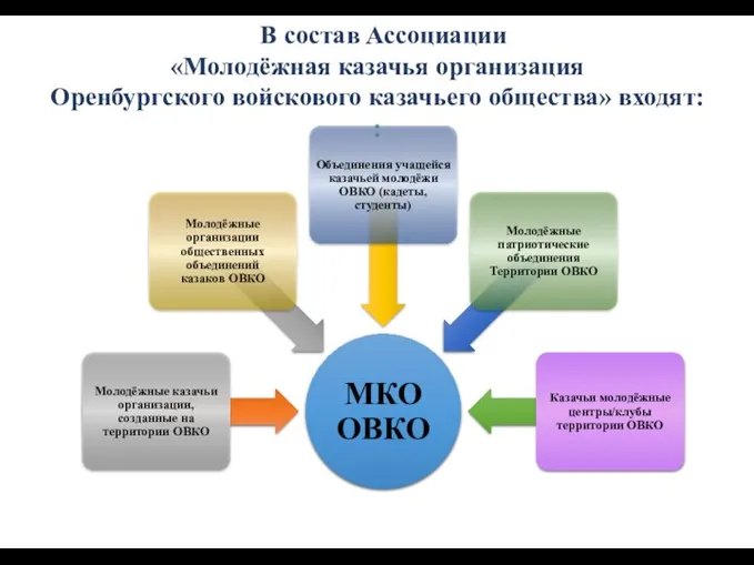 В состав Ассоциации «Молодёжная казачья организация Оренбургского войскового казачьего общества» входят: :