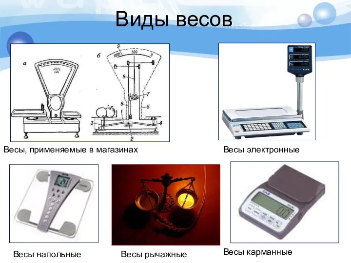 Виды весов Весы, применяемые в магазинах Весы карманные Весы напольные Весы рычажные Весы электронные