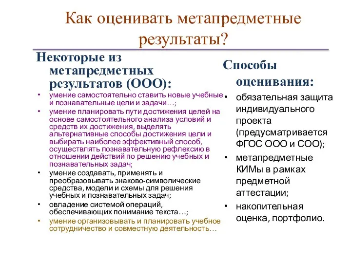 Как оценивать метапредметные результаты? Некоторые из метапредметных результатов (ООО): умение самостоятельно ставить