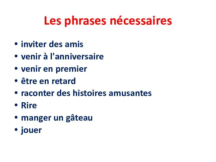 Les phrases nécessaires inviter des amis venir à l'anniversaire venir en premier