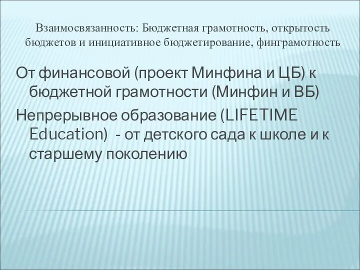 Взаимосвязанность: Бюджетная грамотность, открытость бюджетов и инициативное бюджетирование, финграмотность От финансовой (проект