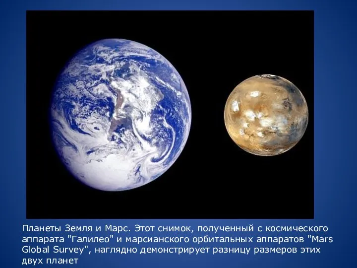Планеты Земля и Марс. Этот снимок, полученный с космического аппарата "Галилео" и