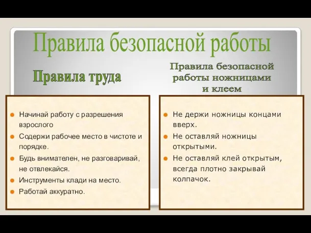 Правила безопасной работы Начинай работу с разрешения взрослого Содержи рабочее место в