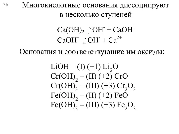 Многокислотные основания диссоциируют в несколько ступеней LiOH – (I) (+1) Li2O Cr(OH)2