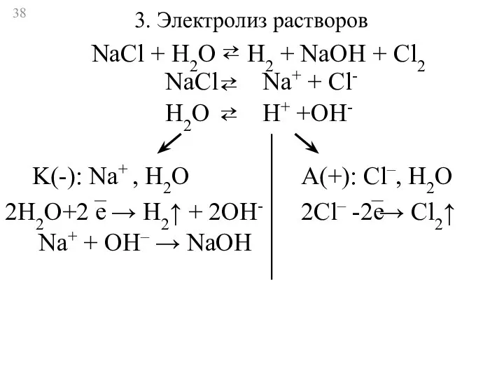 3. Электролиз растворов NaCl Na+ + Cl- ⇄ H2O H+ +OH- ⇄