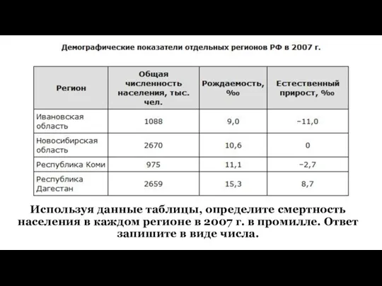 Используя данные таблицы, определите смертность населения в каждом регионе в 2007 г.