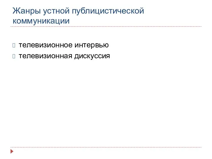 Жанры устной публицистической коммуникации телевизионное интервью телевизионная дискуссия