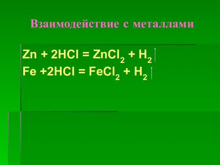 Взаимодействие с металлами Zn + 2HCl = ZnCl2 + H2 Fe +2HCl = FeCl2 + H2