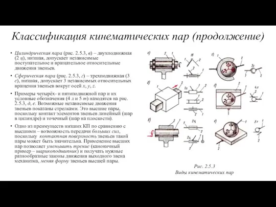 Классификация кинематических пар (продолжение) Цилиндрическая пара (рис. 2.5.3, в) – двухподвижная (2