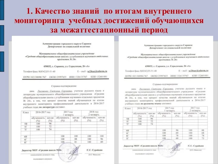 1. Качество знаний по итогам внутреннего мониторинга учебных достижений обучающихся за межаттестационный период