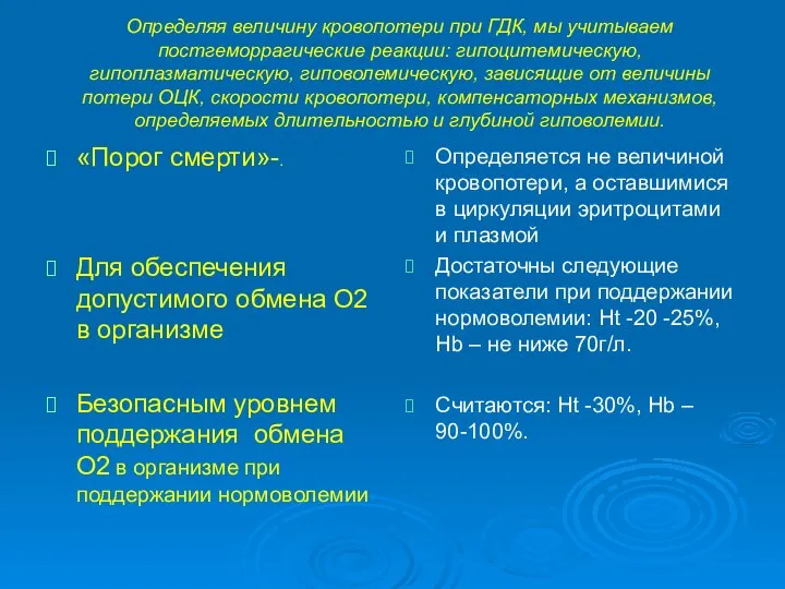 Определяя величину кровопотери при ГДК, мы учитываем постгеморрагические реакции: гипоцитемическую, гипоплазматическую, гиповолемическую,