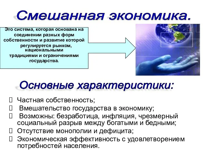 Частная собственность; Вмешательство государства в экономику; Возможны: безработица, инфляция, чрезмерный социальный разрыв