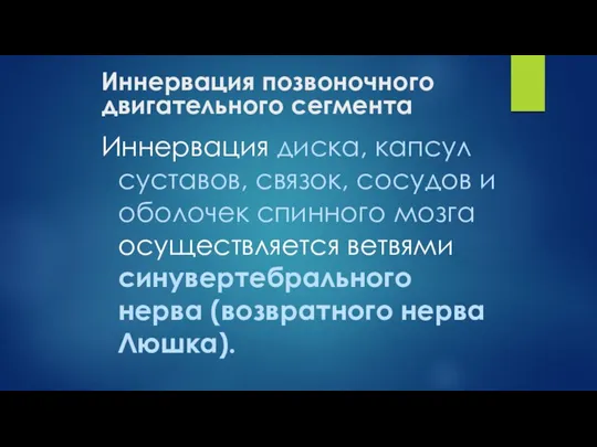 Иннервация позвоночного двигательного сегмента Иннервация диска, капсул суставов, связок, сосудов и оболочек