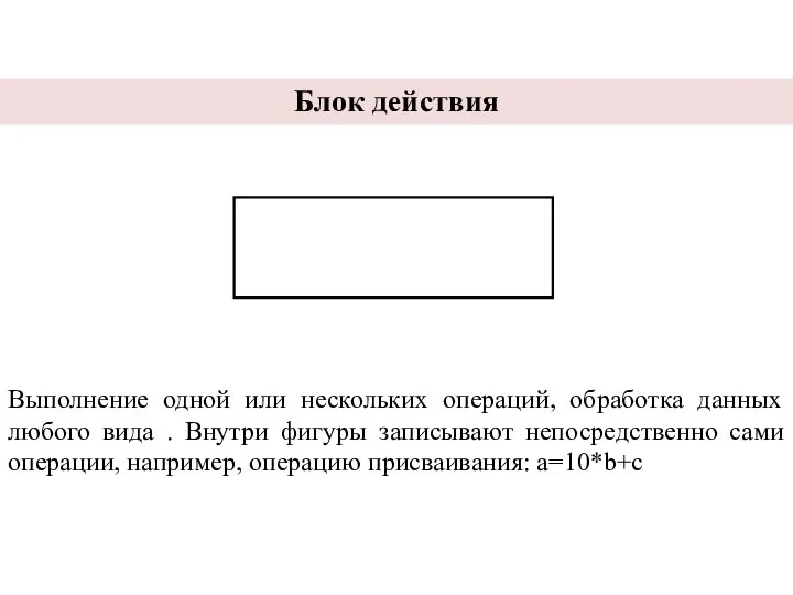 Блок действия Выполнение одной или нескольких операций, обработка данных любого вида .