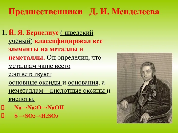 Предшественники Д. И. Менделеева 1. Й. Я. Берцелиус ( шведский учёный) классифицировал