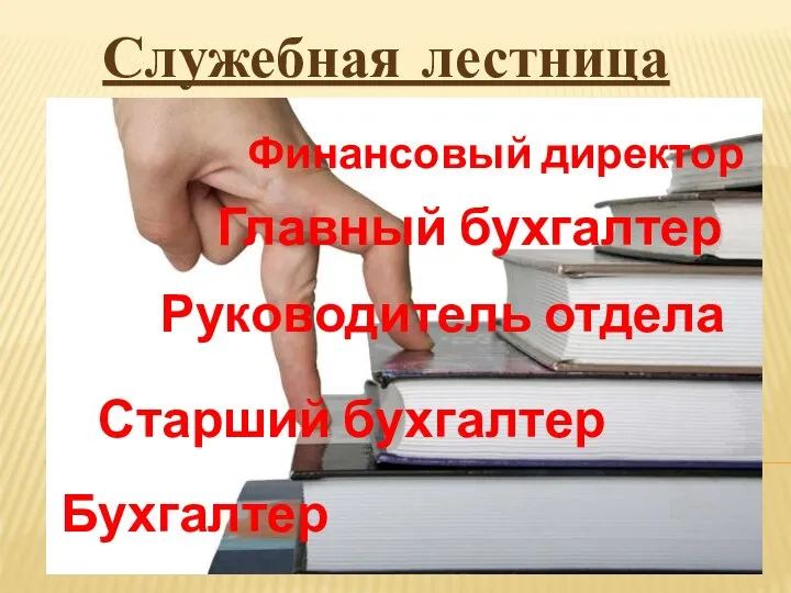 Служебная лестница Бухгалтер Старший бухгалтер Руководитель отдела Главный бухгалтер Финансовый директор