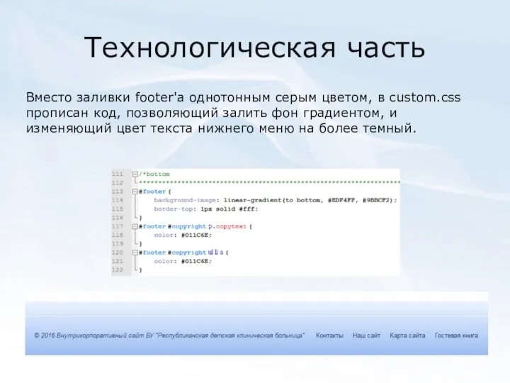 Технологическая часть Вместо заливки footer'а однотонным серым цветом, в custom.css прописан код,