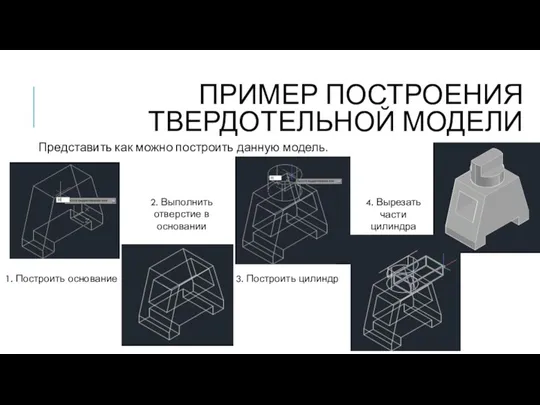 ПРИМЕР ПОСТРОЕНИЯ ТВЕРДОТЕЛЬНОЙ МОДЕЛИ Представить как можно построить данную модель. 1. Построить