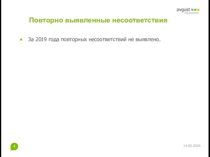 Повторно выявленные несоответствия За 2019 года повторных несоответствий не выявлено. 14.03.2020