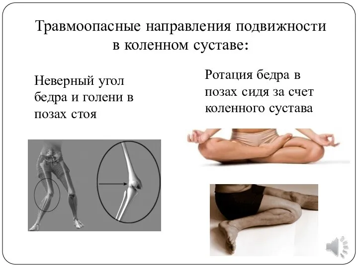 Неверный угол бедра и голени в позах стоя Травмоопасные направления подвижности в