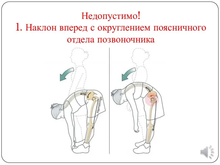 Недопустимо! 1. Наклон вперед с округлением поясничного отдела позвоночника